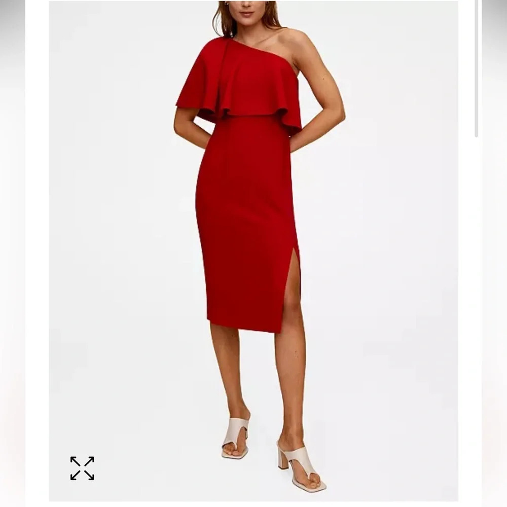 NWT Mango One Shoulder Ruffle Midi Dress Leg Slit Red Cocktail Dress Size XS / 2